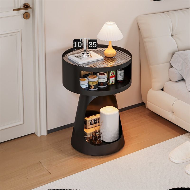 Modern Round End Table, Tempered Glass Table Top Living Room Side Table, Small Apartment Multifunctional Sofa Side Table,Black