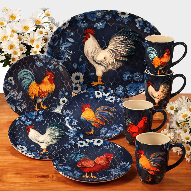 Indigo Rooster Ceramic 16-Piece Dinnerware Set, Service for 4