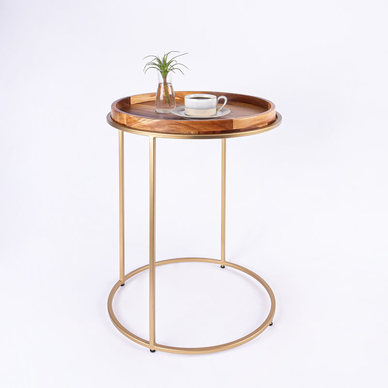 Table de bout ronde avec plateau en bois massif, Naturel, Or