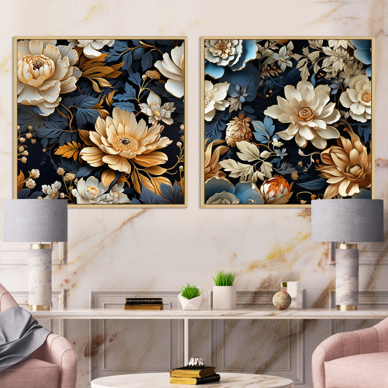 Hartle - Ensemble de 2 collages carrés floraux, H 16 po x l 33 po, Cadre flottant brun