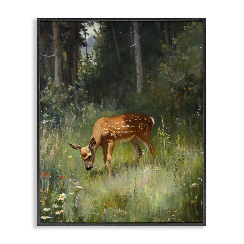 «Grazing Deer at Forest Glen», estampe numérique, design par Franklyn Gregory, H 14 po x l 11 po, Giclée encadrée noir minuit