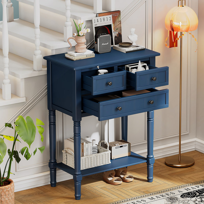 Slim Console Table With Three Storage Drawers And Bottom Shelf, Ideal For Organizing And Decorating Living Spaces, Navy