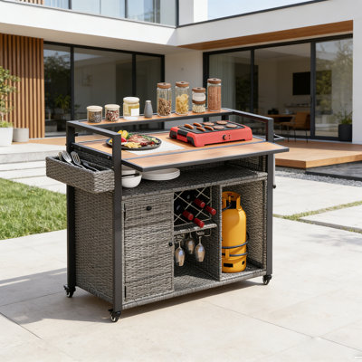 53" W Outdoor Wicker Prep Table & Grill Cart with Extendable Poly-Wood Top, Removable Wine Rack and Locking Wheels