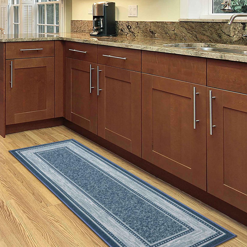 Ottohome Non-Slip Bordered Area Rug For Living Room, Hallway, Entryway Rug, Blue, Runner 1'8" x 4'11"