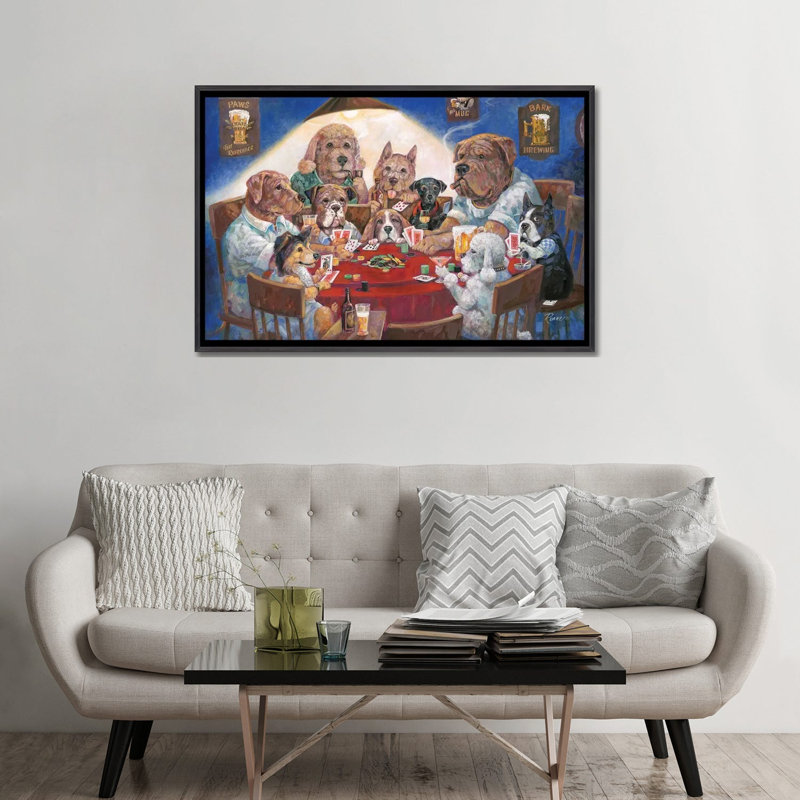 «Poker Dogs» par Ruane Manning - reproduction d'art, H 32 po x l 48 po x P 1,5 po, Toile avec cadre noir patiné, Aucun mat