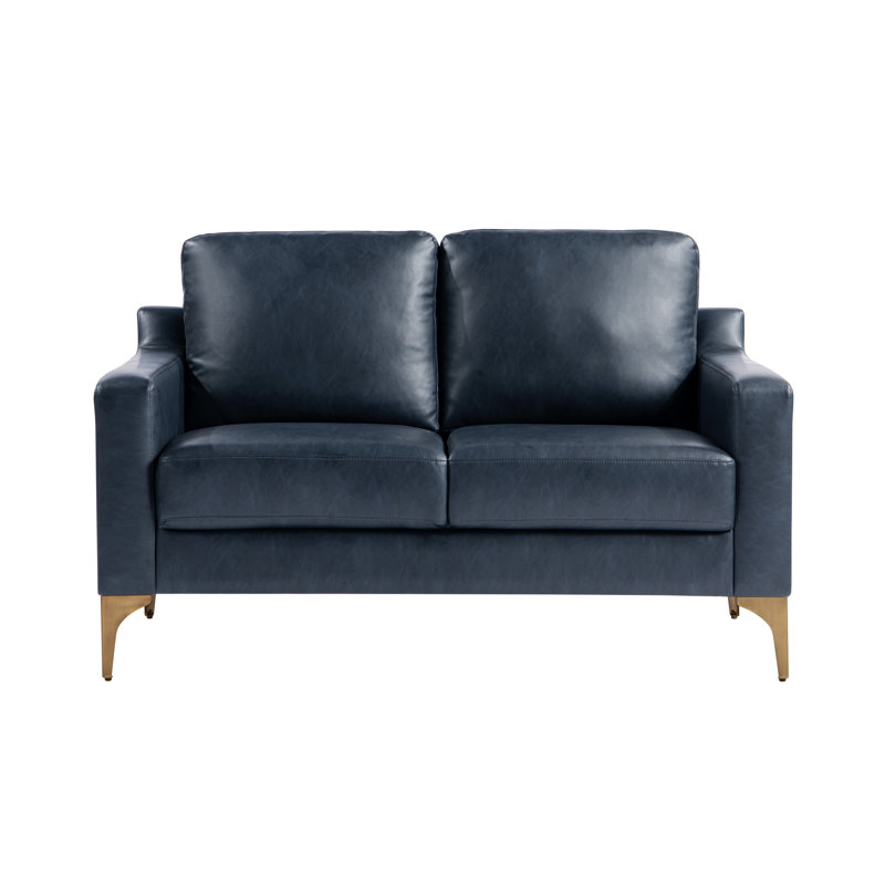 Turner 55.5" Square Arm Faux Leather Loveseat, Navy Blue/Brushed Bronze