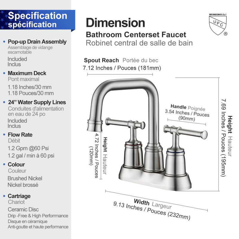 Centerset 2-handle Bathroom Sink Faucet with Drain Assembly, Brushed Nickel