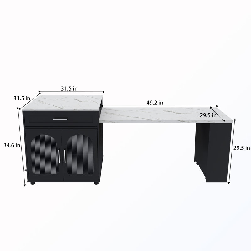 Expandable Storage Kitchen Island with Dining Table and Power Outlet, Black