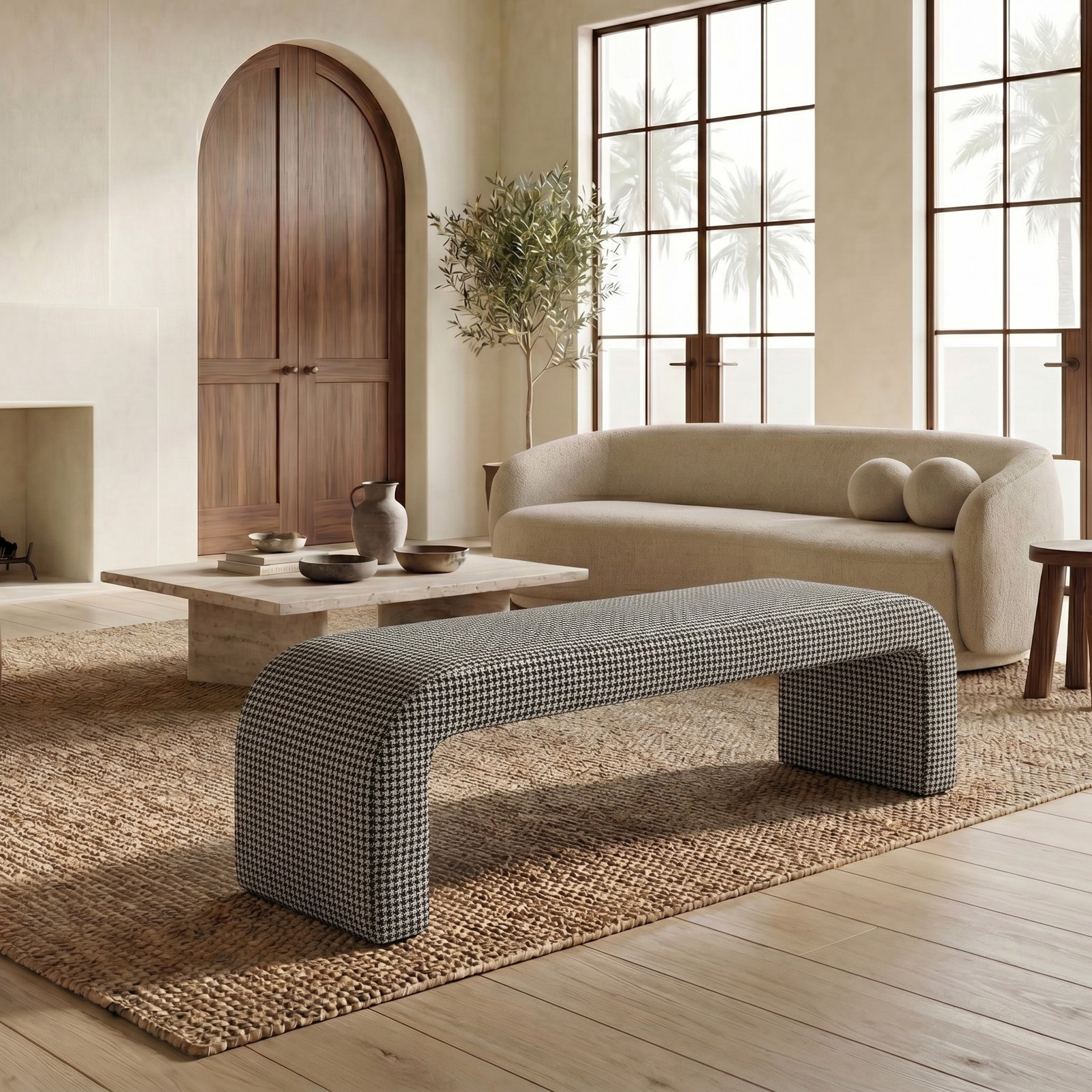 Daine 62" Linen Bedroom Bench, Black/White Houndstooth