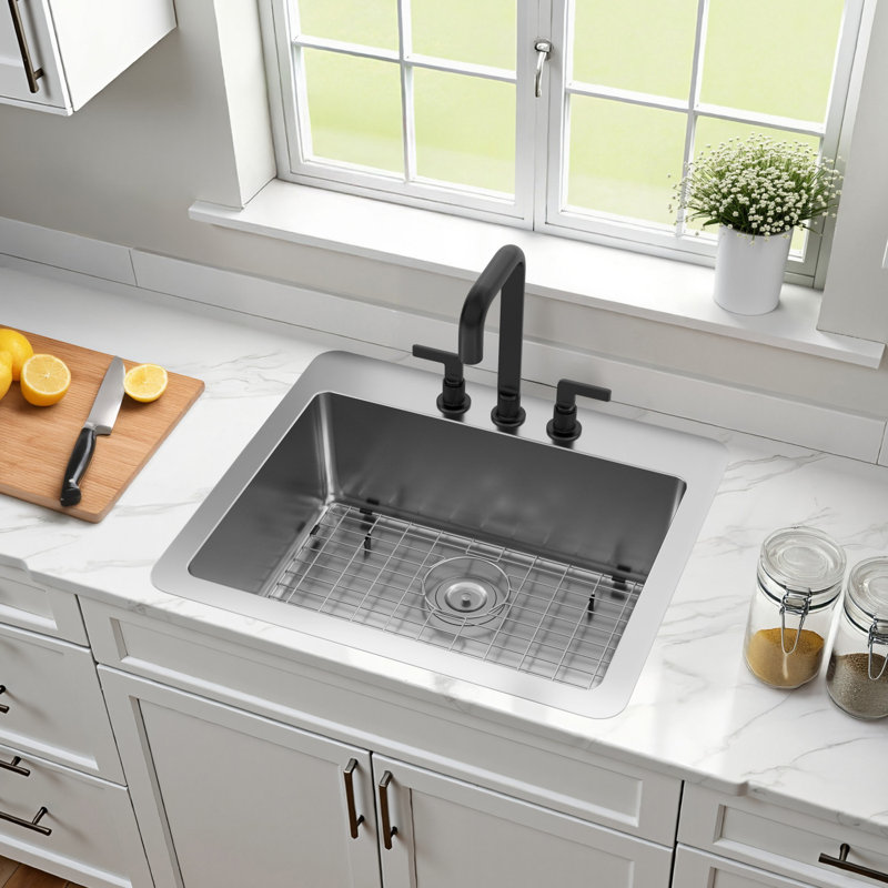 Kingston Brass Calgary 25-Inch Stainless Steel Single Bowl Dual Mount Kitchen Sink With Drain, 3