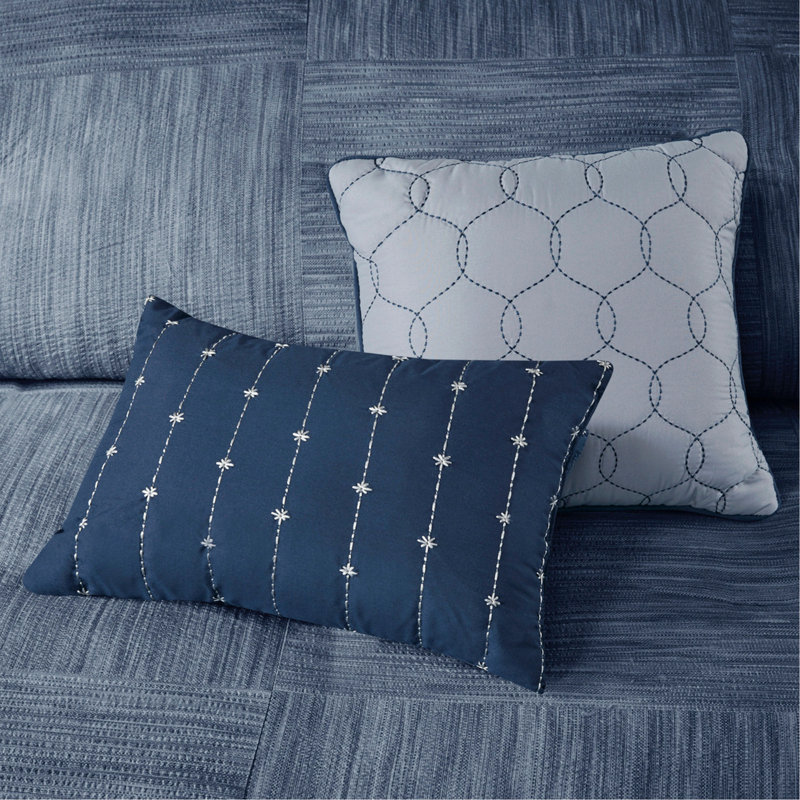 7 Piece Printed Seersucker Comforter Set Navy, Queen Comforter + 6 Additional Pieces, Navy