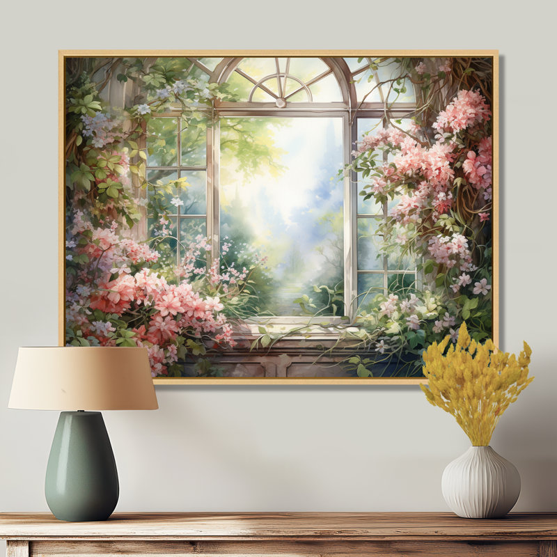 «Pink Blossoming Country Window Gaze II», reproduction d'art sur toile encadrée, Cadre flottant brun