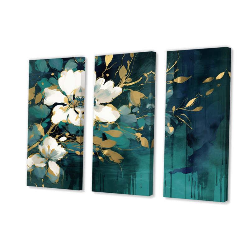 «White Teal Plants In Chaos III» sur toile, reproduction de 3 pièces, H 28 po x l 36 po x P 1 po