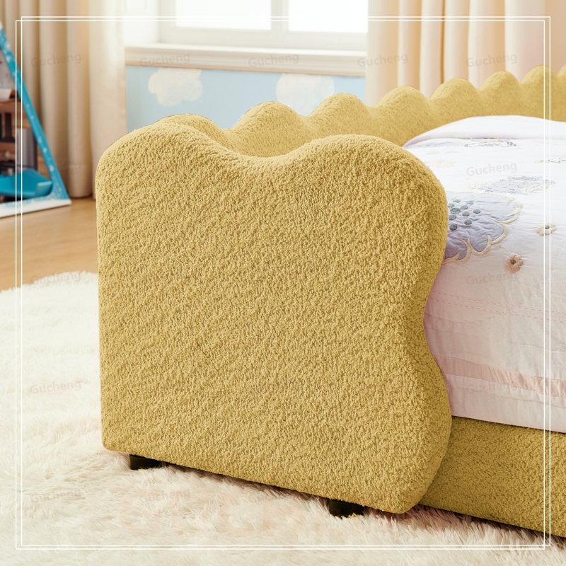 Lit simple pour enfant en forme de dinosaure avec garde-corps de sécurité, structure en bois massif, tissu bouclé pour un sommeil confortable et sécuritaire