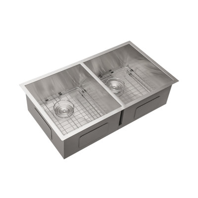 Stainless Steel 32X18-Inch Undercounter Double Sink Kitchen Sink (50/50) With 9-Inch Deep Sink (Brushed Pewter)