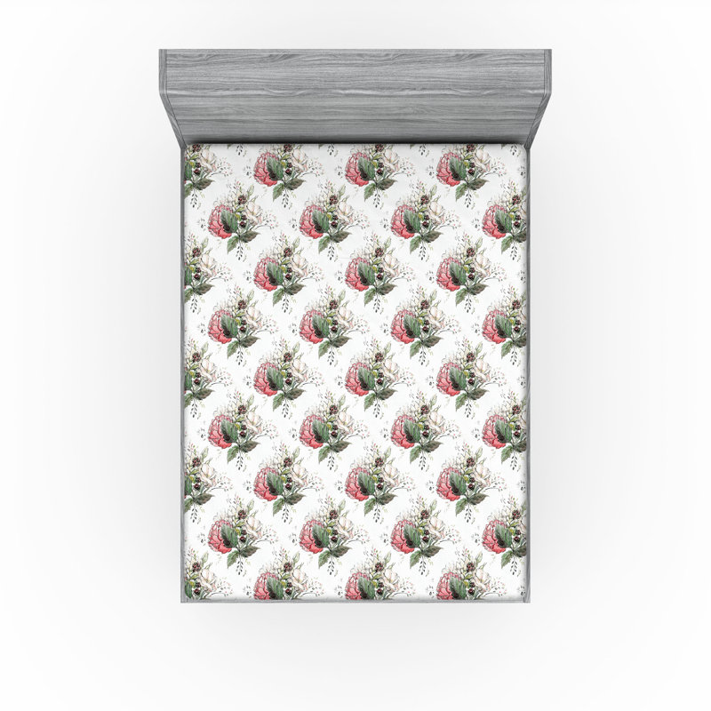 Ambesonne Nature Fitted Sheet Leaves Botanical Style Art, Queen Fitted Sheet, Ivory/Jade Green/Rose Floral