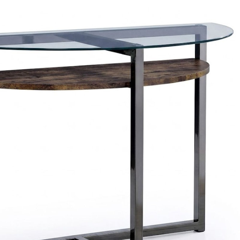 Cressida 47 In. Black Chrome Half Moon Glass Console Table With Wood Shelf And Metal Base
