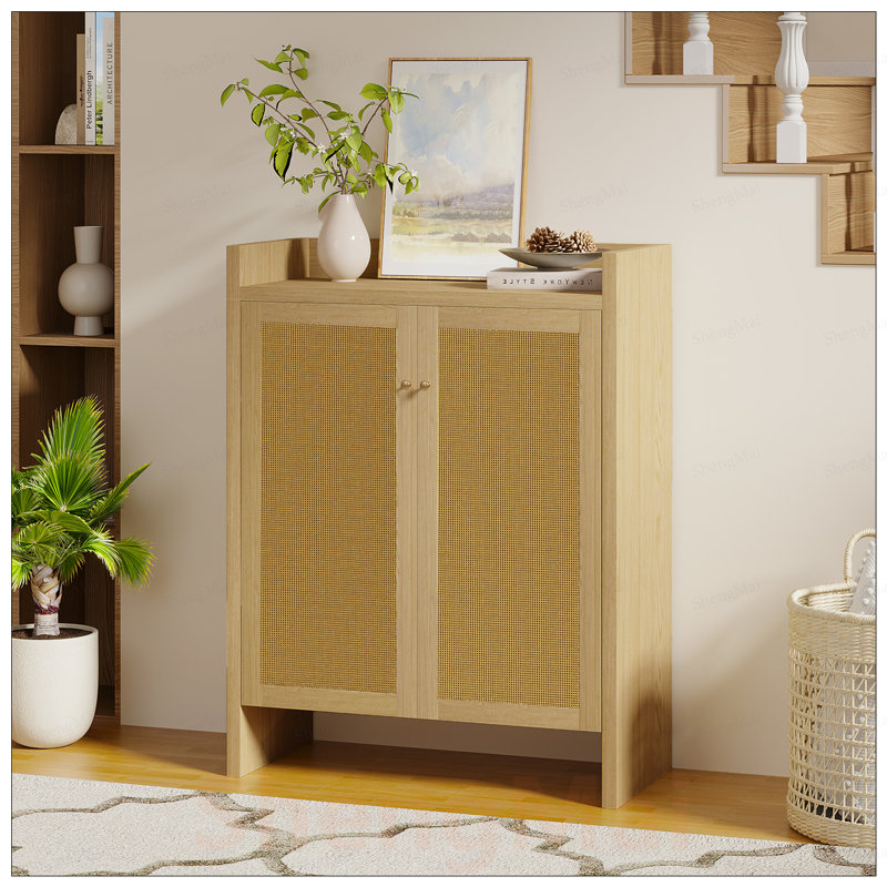 Armoire à chaussures en rotin avec portes, tablettes réglables à 6 niveaux, organisateur autoportant en bois pour le vestibule et le couloir