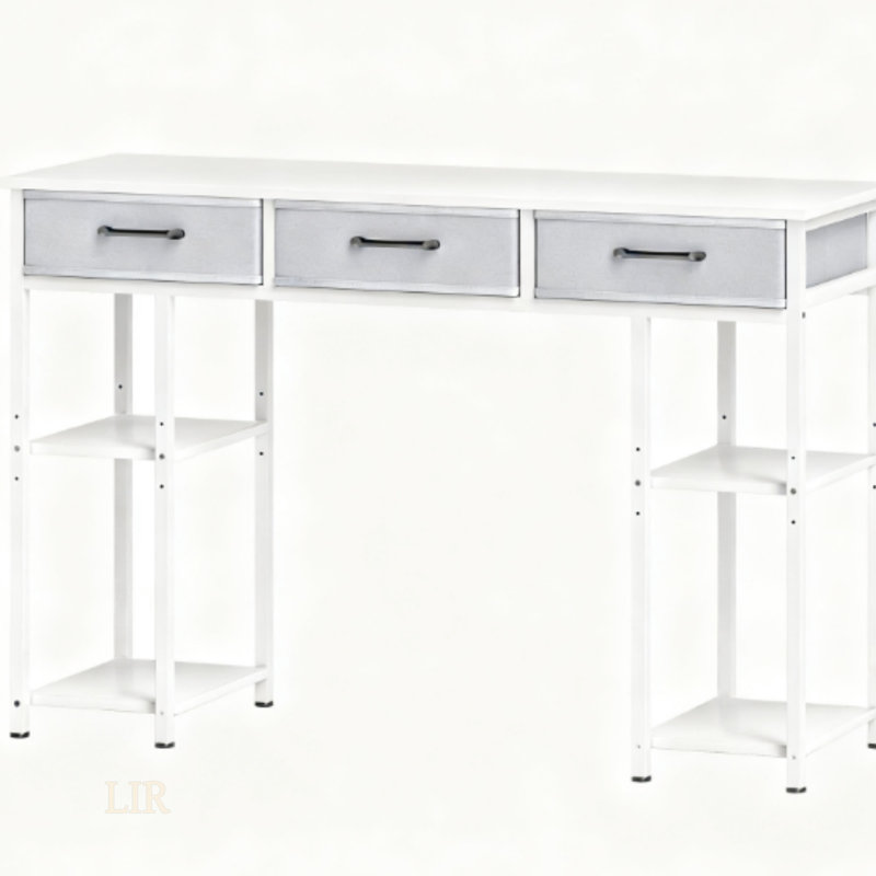Compact Computer Desk With Fabric Drawers And Adjustable Shelves For Home And Office For Organized Workspaces, White