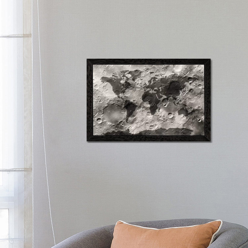 World Map On The Moon's Surface by Michael Tompsett - Print on Canvas, 101.6 cm H x 66.04 cm W, Black Framed