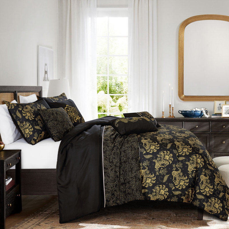 Ensemble d'édredon 7 pièces Vero Luxury, Motif floral noir, Grand édredon et 6 pièces supplémentaires