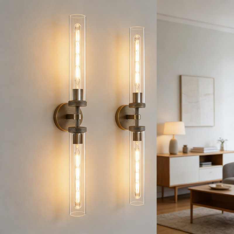 Ensemble de 2 appliques murales en laiton, lumière de meuble-lavabo à tube linéaire moderne avec verre transparent, luminaire à intensité variable pour la salle de bain, la chambre à coucher et le salon