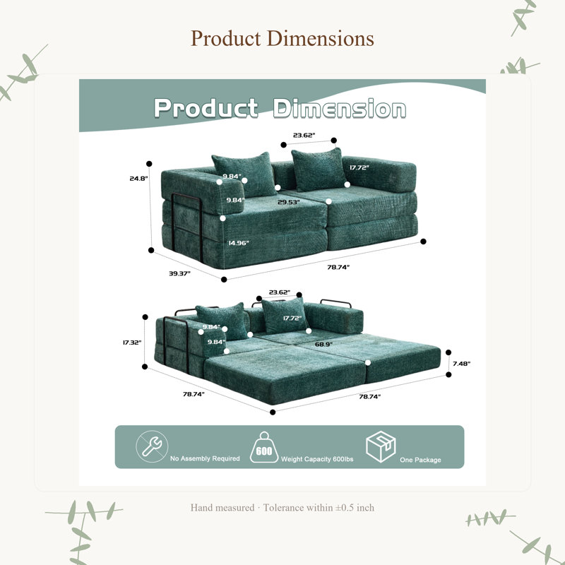 Canapé-lit convertible Compression, 78.74" W, Chenille vert foncé