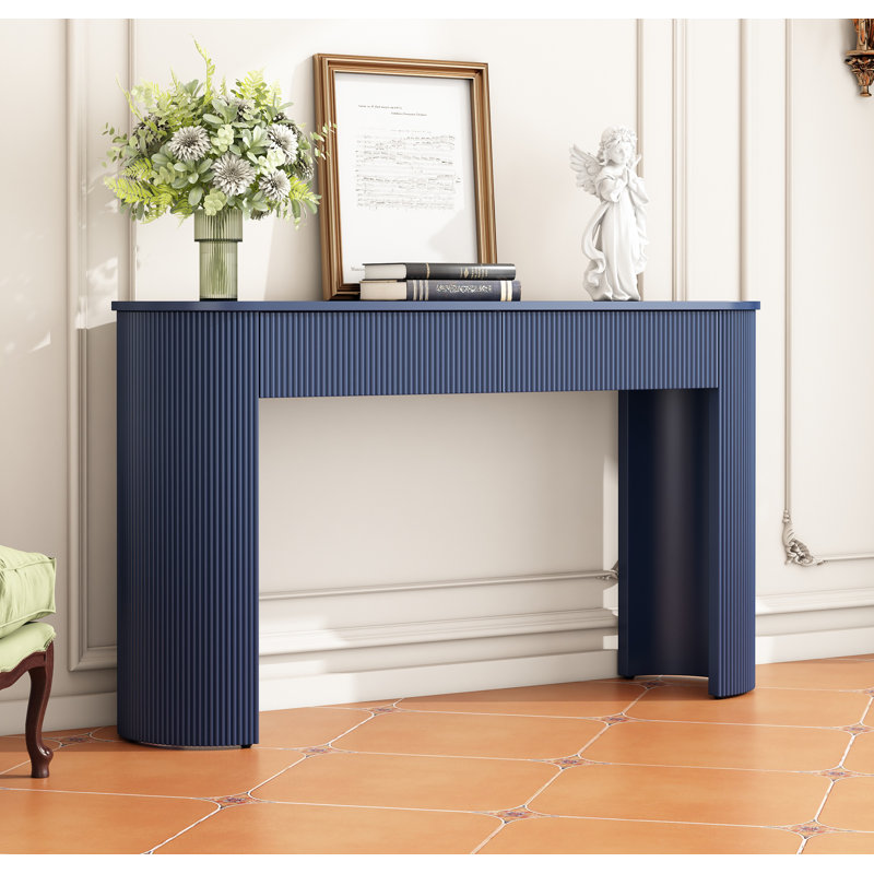 TREXM Entryway Table with Fluted Design, Modern Console Table with Storage, Oval Top and 2 Drawers, Navy