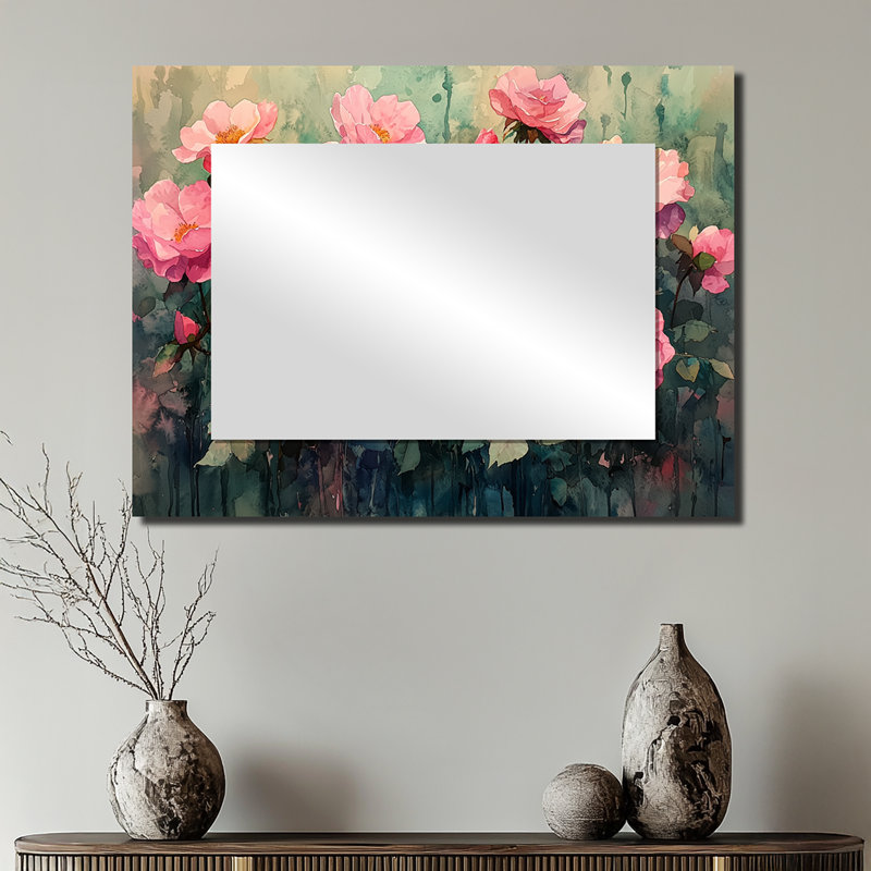 Paysage champêtre symphonie de roses - miroir mural floral - imprimé sur métal, 24 po x 32 po
