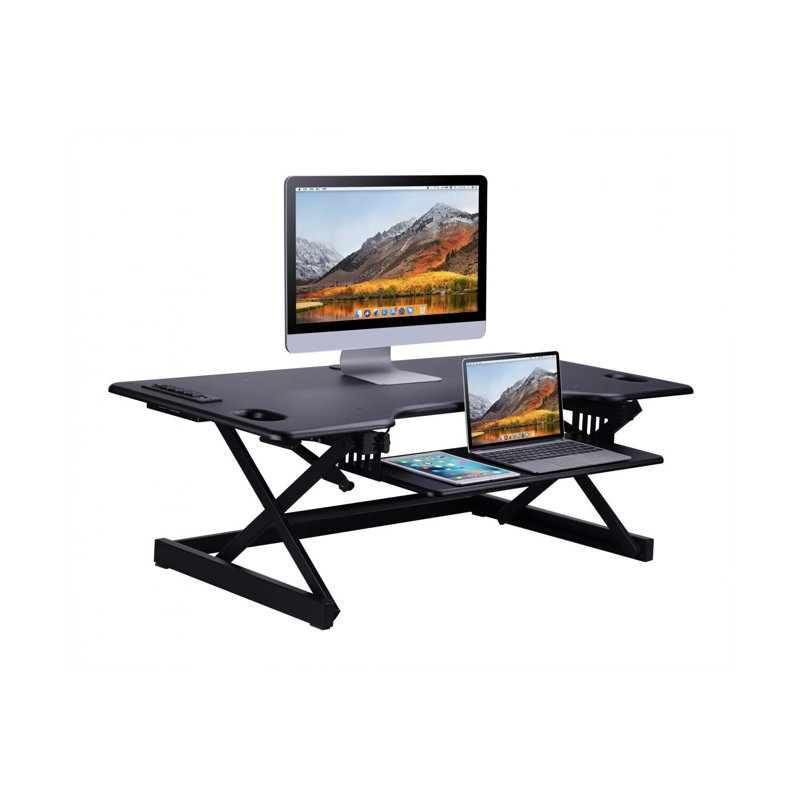  46 in. Black Standing Desk Converter with AC USB Charger and Triple Monitor Mount Arm with Keyboard Tray