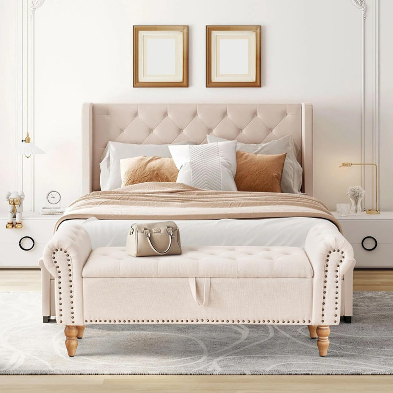 51” Storage Benches, End Of Bed Bench With Button-Tufted Large Upholstered Storage Ottoman Linen Window Bench With Storage Shoe Cabinet Bench, For Bedroom, Entryway, Closet, Beige