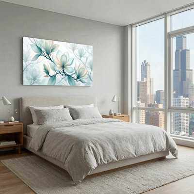 Teal and Cream Magnolia Flowers Branch Canvas Wall Art