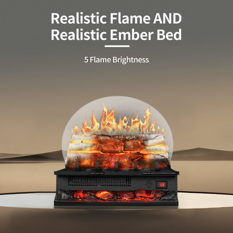  Electric fireplace log heater with remote control, realistic ember bed, adjustable brightness, temperature, speed, and sound effects.