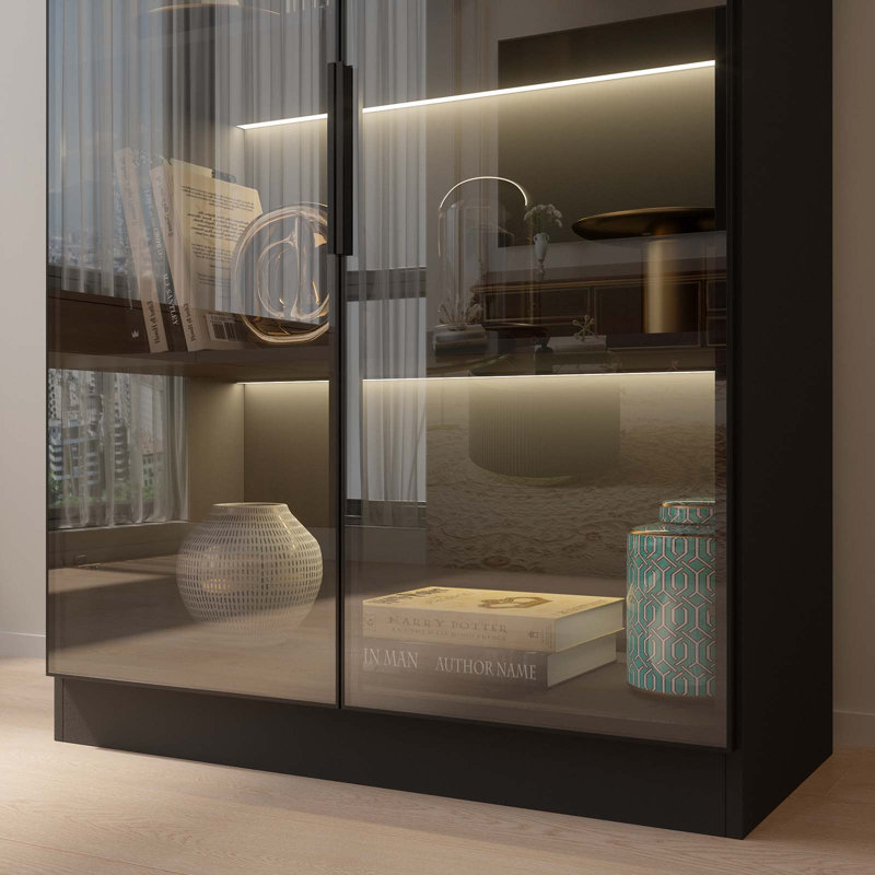 Vitrine Piraveen avec portes en verre et lumières DEL, Noir, noir, noir, noir