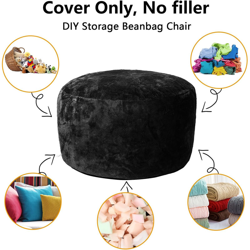 Bean Bag Covers Only, Adult Bean Bag Couch Cover for Reading, Black Polyester, 26" H x 59" W x 59" D