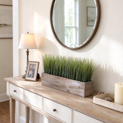 12 Inch Tall Artificial Grass Plant, Faux Greenery in Rectangular Brown Wood Pot for Table Decor