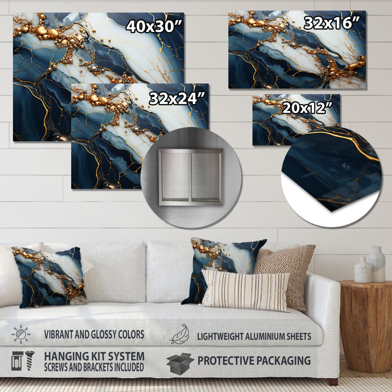 Gold And Blue Marble Ink Art  V - Marble Wall Decor MT137111, 12" H x 20" W x 1" D