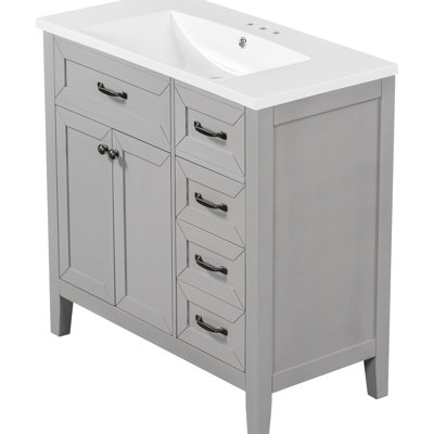 Meuble-lavabo de 36 po, meuble-lavabo gris avec rangement, bois d'hévéa massif, lavabo encastré, tiroirs, structure, surface en céramique facile à nettoyer