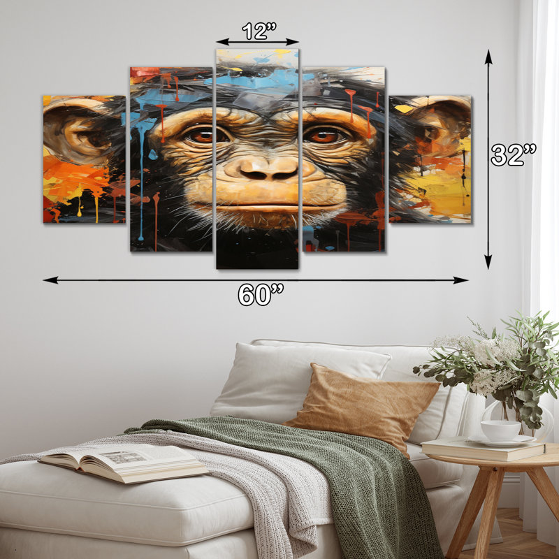 Collage de singe jaune sarcelle jaune - reproduction sur toile animaux - 5 panneaux