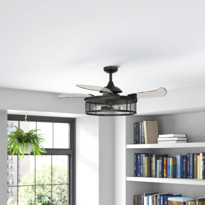 Meridian 48" Retractable Blade Ceiling Fan with Light and Remote, Modern Fandelier Ceiling Fan, Patented Design Technology, Stronger Thicker Blades, Black