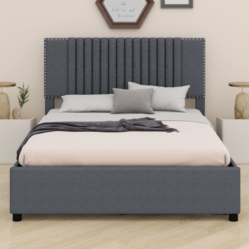 Lit plateforme tapissier avec tiroirs et lit gigogne, Gris, Double