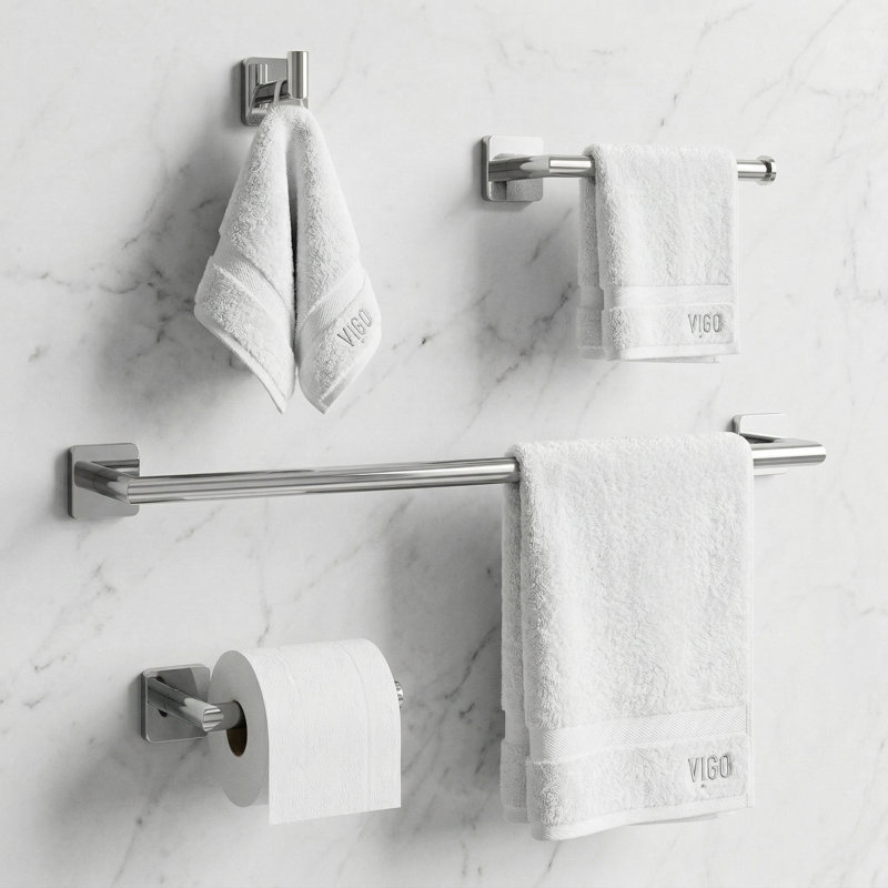 VIGO Satro 4-Piece Chrome Bathroom Hardware Set with 24-in Towel Bar, Toilet Paper Holder, Hand Towel Holder and Hook, Chrome