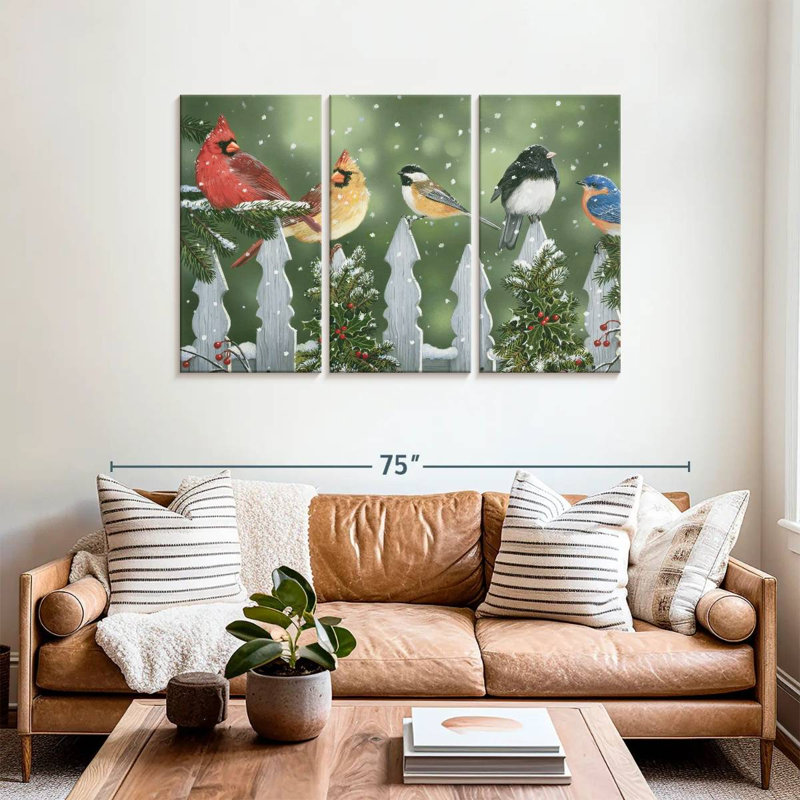 Oiseaux d'hiver Brampt sur une clôture enneigée, H 36 po x l 57 po