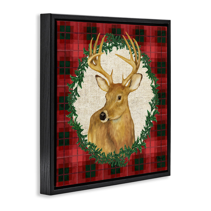  «Deer on Plaid & Wreath» par Paul Brent, H 25 po x l 25 po, Cadre flottant noir de jais