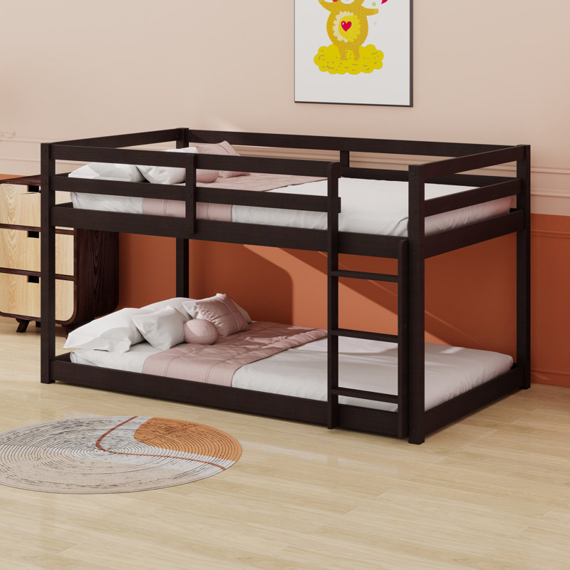 Wooden Solid Floor Bunk Bed With Ladder, Espresso