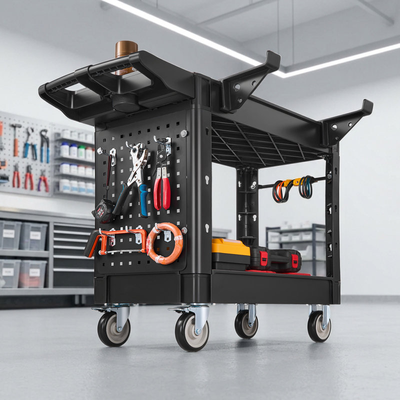 Utility Cart, 550 lbs Capacity, 2 Tier Service Cart with 360° Swivel & Fixed Wheels (2 with Brakes), Heavy Duty Plastic Rolling with Tray and Pegboard, Tool Storage for Garage Warehouse Workshop