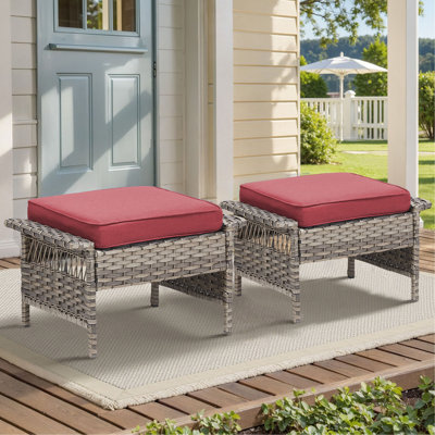 Ensemble de 2 repose-pieds d'extérieur en osier PE avec coussins pour terrasse ou terrasse