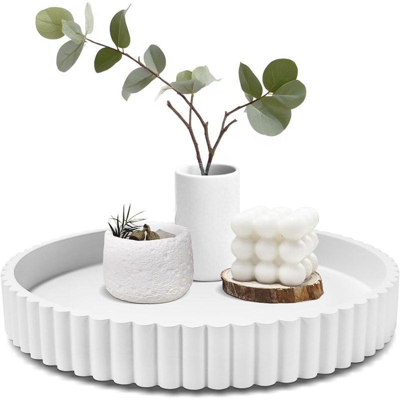 Large Resin Decorative Tray, Round Coffee Table Centerpiece For Living Room Decor, White, 1.5"W x 11"D x 11"H