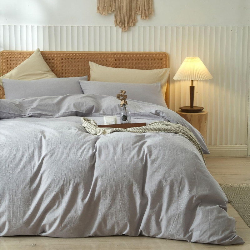 Ensemble de housse de couette 100% coton délavé LifeTown, Housse de couette double et 2 taies d'oreiller, Gris lavande