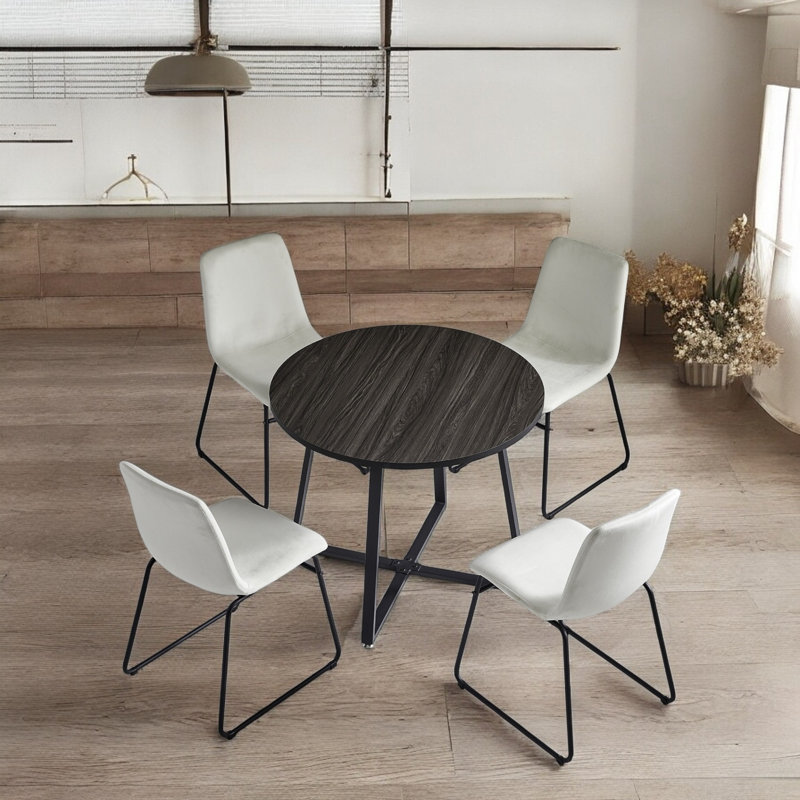 Modern 35.4" Round Wood Top Dining Table Set For 4, Velvet Upholstered Chairs, Light Gray